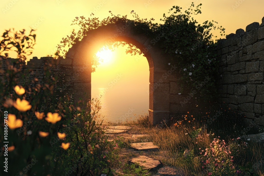 Poster a stone archway with a view of the ocean and a field of flowers