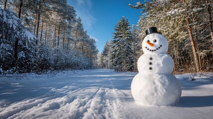 Obraz premium A cheerful snowman stands in a snowy forest under a clear blue sky.