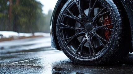 Wet Black Car Wheel with Red Brake Caliper in Rain