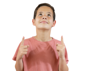 Portrait of cheerful boy with good idea - isolated over transparent background. 10 year old kid pointing finger up. Child points by finger upward. Cheerful boy shows something