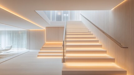 Modern minimalist staircase with warm LED lighting.