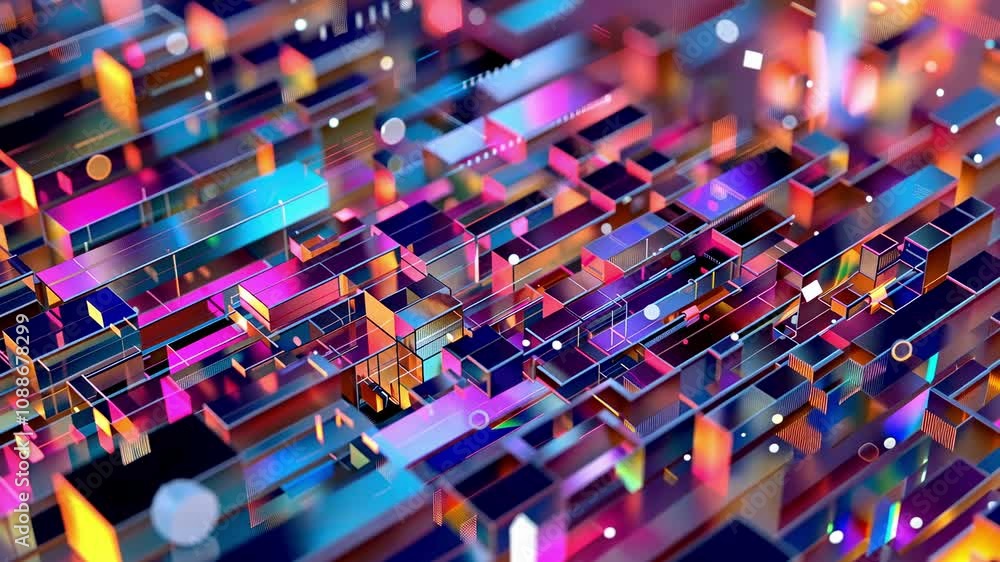 Poster abstract digital landscape with colorful cubes and geometric shapes creating a dynamic and vibrant b