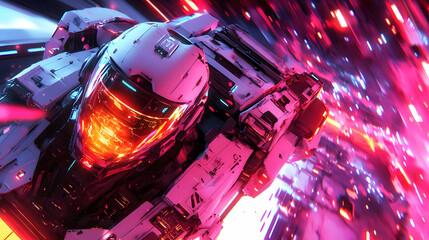 Futuristic Spaceship Soaring Through Neon Lights