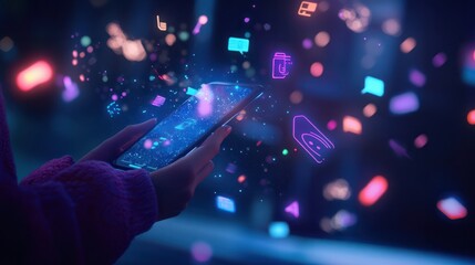 A person holding an AI-powered mobile device with icons of various digital marketing tools and products floating above it