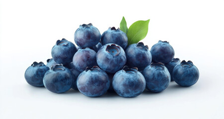 Fresh blueberries stacked together, showcasing their vibrant blue color and natural sheen, with green leaf accentuating arrangement