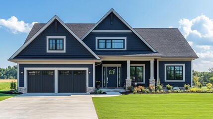 Obraz premium Two-story navy blue house with attached garage, landscaping, and driveway.