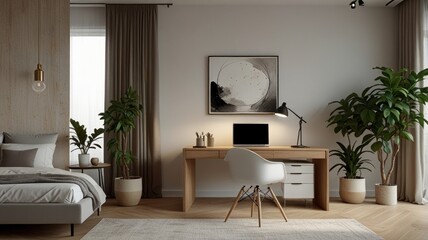Modern bedroom with workspace, featuring a minimalist desk, comfortable bed, and lush plants.