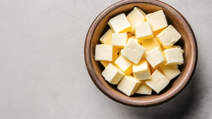 Wooden bowl filled with small cubes of butter placed on a light gray surface.