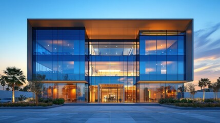 Obraz premium Modern glass building with elegant design and warm lighting.