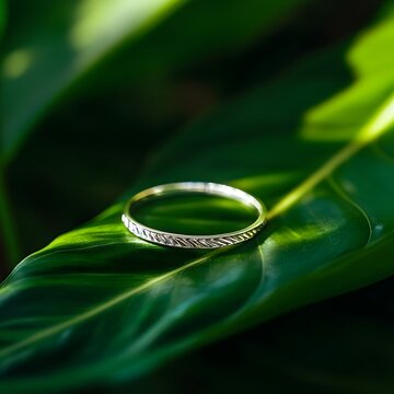 A thin silver ring resting on a large, green leaf