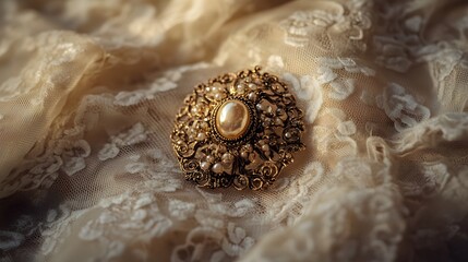 A vintage brooch resting on a delicate, lace fabric it features intricate metalwork with a large pearl at its center