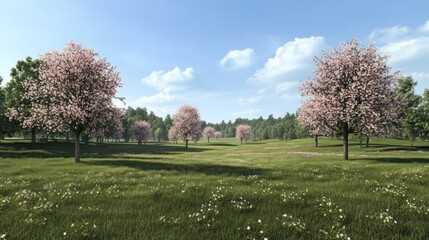 Obraz premium A scenic meadow with a row of blooming cherry trees and a blue sky with fluffy clouds.
