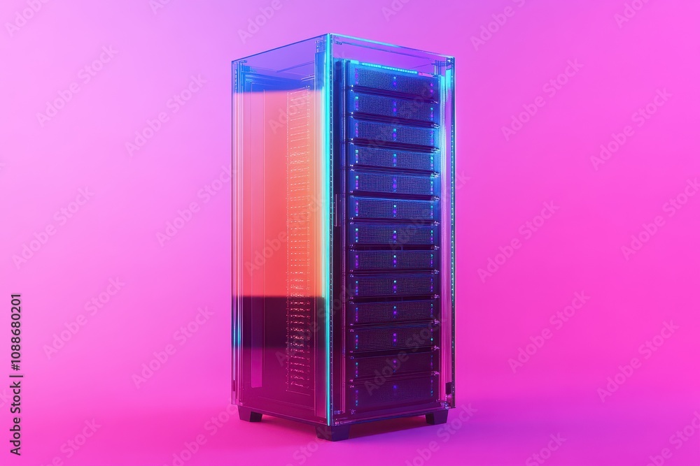 Poster a server tower with a colorful stripe on it