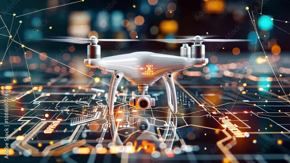 Poster high-tech drone on futuristic digital circuit board background with bright lights and abstract data 