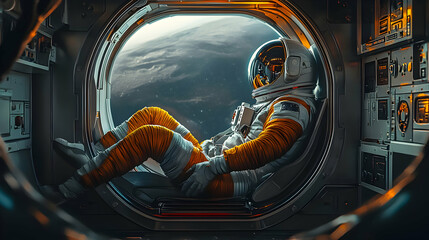 Fototapeta premium An Astronaut Gazes Out of a Spaceship Window, Observing the Earth's Atmosphere and a Distant Starfield in a Digital Illustration