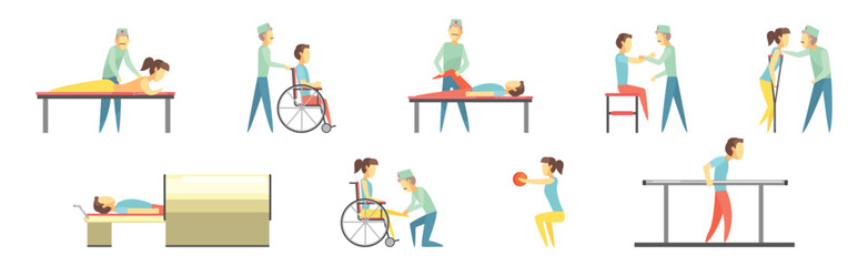 People Character at Physiotherapy and Rehabilitation Session Vector Set