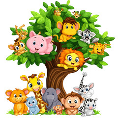 Naklejka premium Cute Animals On a Tree