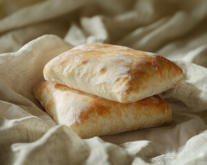 stack of freshly baked ciabatta rolls on rustic linen, capturing the glow of their golden tops
