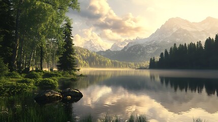 Naklejka premium Mountain Lake Sunrise Landscape