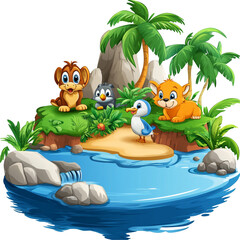 Naklejka premium Cute Animals on a Tropical Island