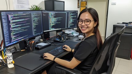 Professional Woman Working in Tech Office Environment