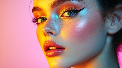 Vibrant beauty portrait studio setting fashion photography close-up colorful lighting