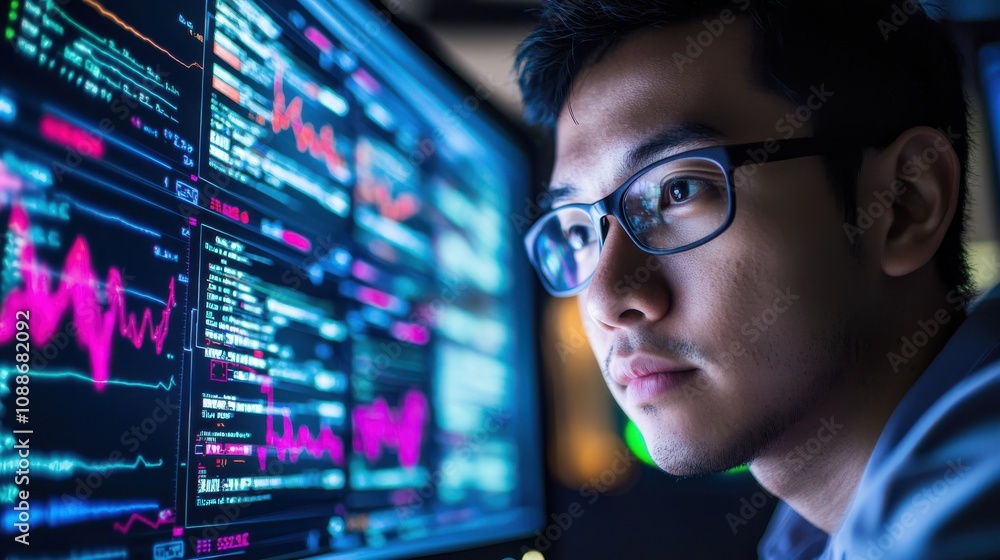 Poster researcher analyzing data on computer screen