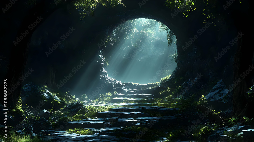 Poster mysterious forest cave: sunbeams illuminate path