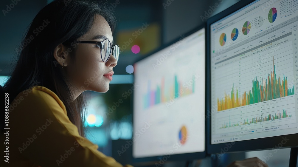 Poster data analyst working with charts in modern office