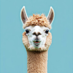 Obraz premium close up of cheerful llama with fluffy coat against blue background, showcasing its playful expression and unique features