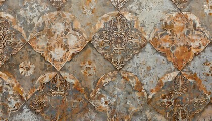 Fototapeta premium Old brown gray rusty vintage worn shabby patchwork motif tiles stone concrete cement wall texture background banner