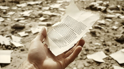A Hand Holds a Torn Piece of Paper with Text in a Field of Debris