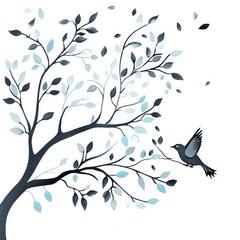 A simple illustration of a tree with a bird taking flight.