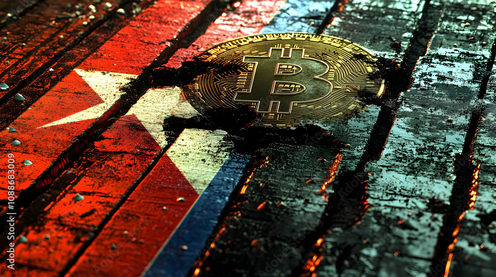 Poster a 3d rendering of a bitcoin coin embedded in a cracked wooden surface, with a red and white flag pai