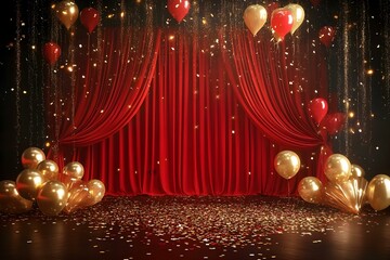 Glamorous Red Stage with Golden Curtains and Balloons