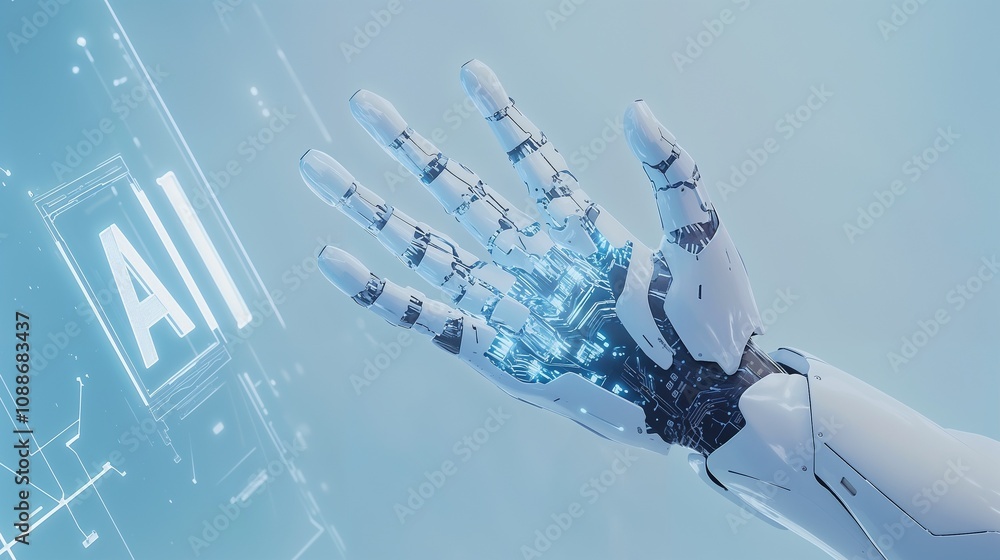 Poster a robotic hand is gently touching a screen that has ai written on it
