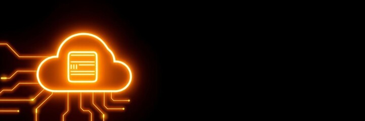 Neon cloud symbol in orange and yellow colors on black background with high tech floor, data storage technology concept, yellow, 3d render, neon