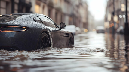 Naklejka premium A Black Luxury Sports Car Driving Through a Flooded City Street After a Heavy Rain, Showing Reflections on the Water Surface, With a Blurred Background of Buildings and Lights