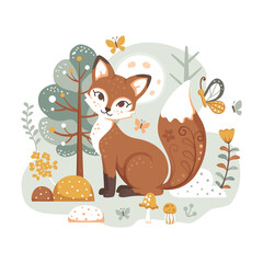 Cute vector illustration of a fox in a forest with butterflies, mushrooms and flowers lit by the moon. Autumn green, gold yellow and blue.