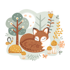 Cute vector illustration of a sleeping fox in a forest with butterflies, mushrooms and flowers lit by the moon. Autumn green, gold yellow and blue.