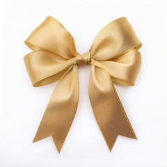 Bow made of gold satin ribbon on white background.