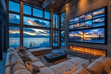 Luxurious living room with large windows overlooking snowy mountain lake at sunset.