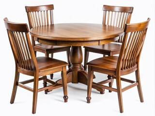 Vintage Style Photography of a Wooden Round Dining Table Set Isolated on White Background Showcasing Elegant Table and Chair Design in Timeless Aesthetic Appeal