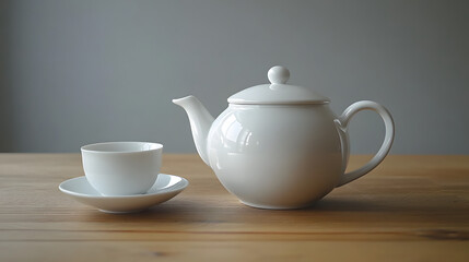 White Teapot and Cup on Wooden Table