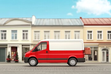 Fototapeta premium Delivery van transporting goods urban streets vehicle image daytime side view logistics and commerce