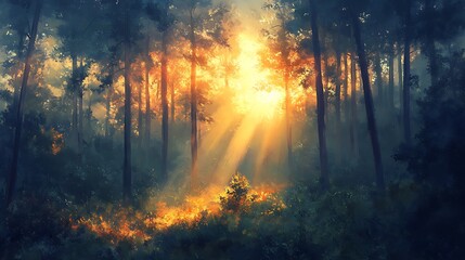 Sunrise illuminates forest path nature scene outdoor serenity