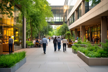 Contemporary Business Park with Professionals Walking Alongside Greenery and Outdoor Cafes