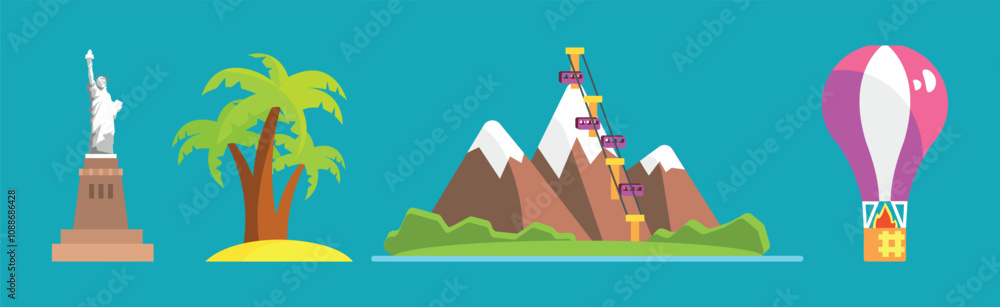 Poster flat travel and tourism object and element design vector set