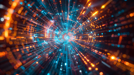 Fototapeta premium Abstract 3D Digital Tunnel Background: Vibrant Orange and Blue Light Streaks Radiate Inward, Creating a Dynamic, Futuristic Visual Effect.