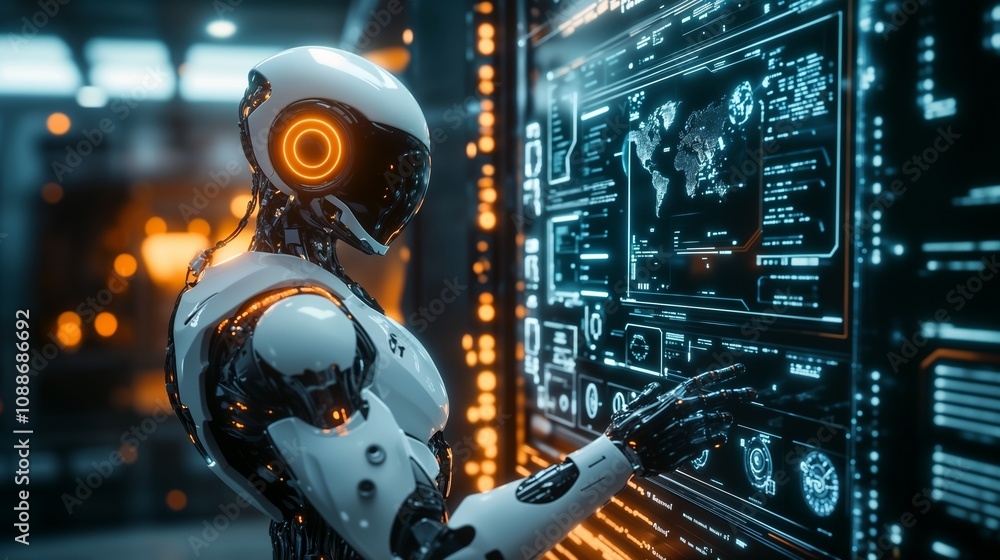 Poster a robot is currently standing in front of a computer screen